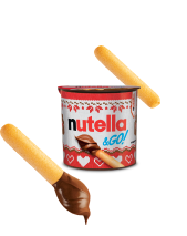 A packet of Nutella® & Go! Christmas Edition on a white background. One breadstick dipped in Nutella is shown in the bottom left corner. Another breadstick is placed at the top right of the pack