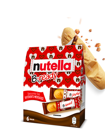 A packet of Nutella® B-ready Christmas Edition on a white background. One B-ready biscuit is shown in the top right corner.