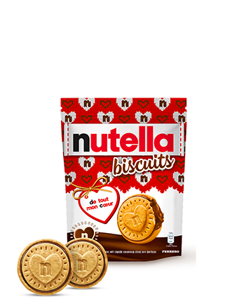 A packet of Nutella® Biscuit Christmas Edition on a white background with two biscuits standing in front of the packet.