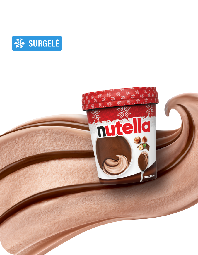 Nutella® Ice Cream Christmas Edition is on a wave of chocolate ice cream. A spoon is lifting out a a portion of ice cream.