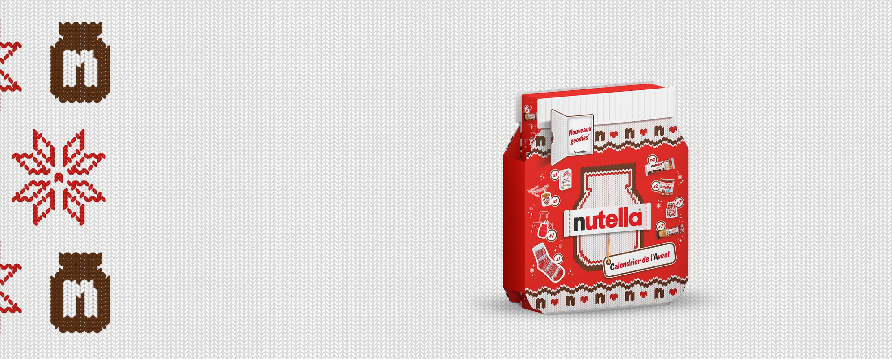 Nutella® Advent Calendar, shaped as a jar of Nutella® with a "knitted" label and the Nutella® logo in the centre of the calendar.