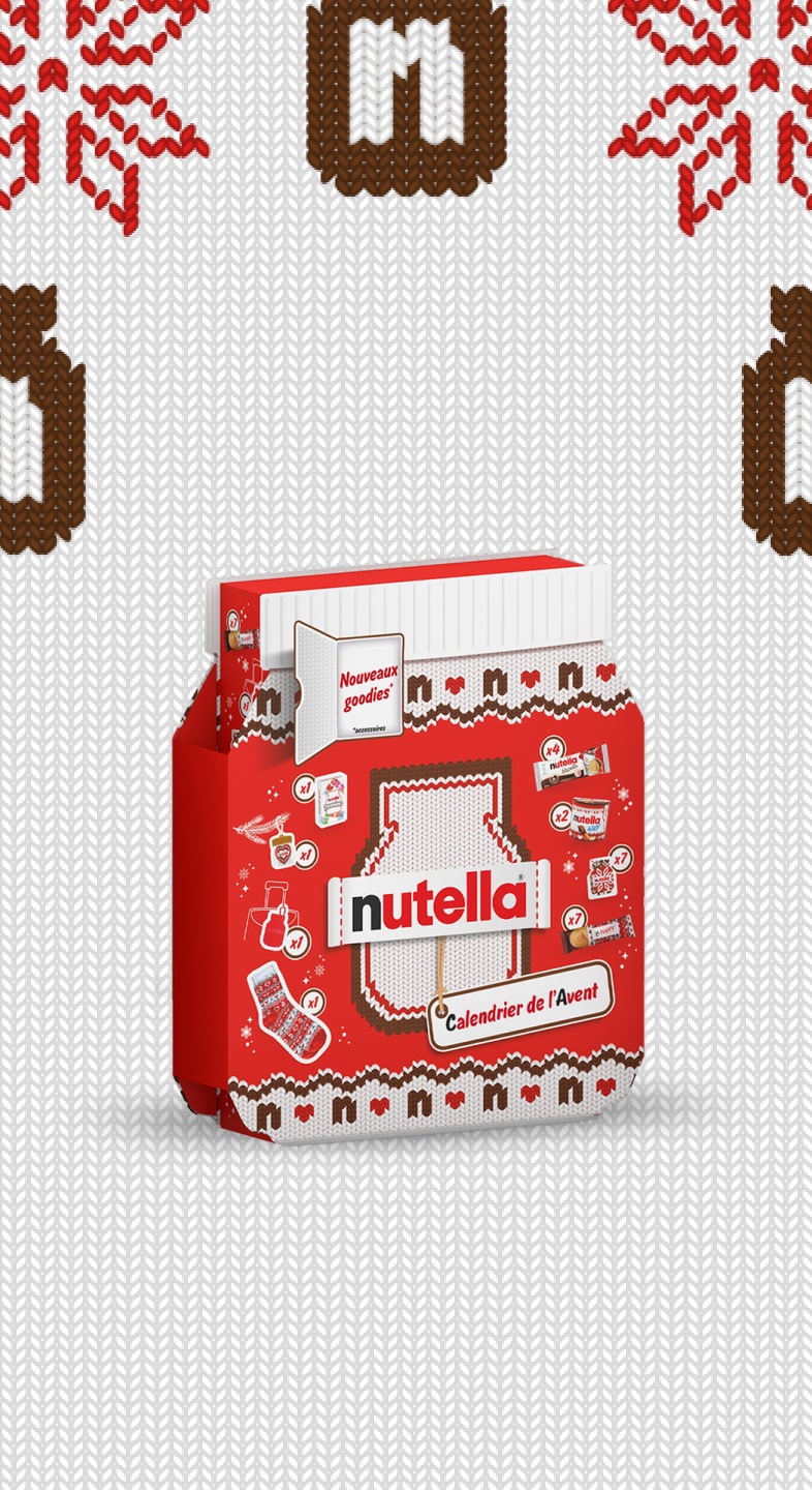 Nutella® Advent Calendar, shaped as a jar of Nutella® with a "knitted" label and the Nutella® logo in the centre of the calendar.