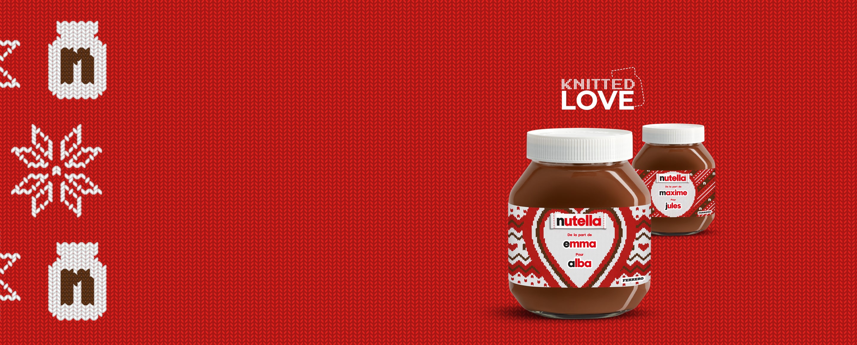 Two Nutella® "knitted" labelled jars  in a diagonal line, receding into the background on a festive red knitted style background.