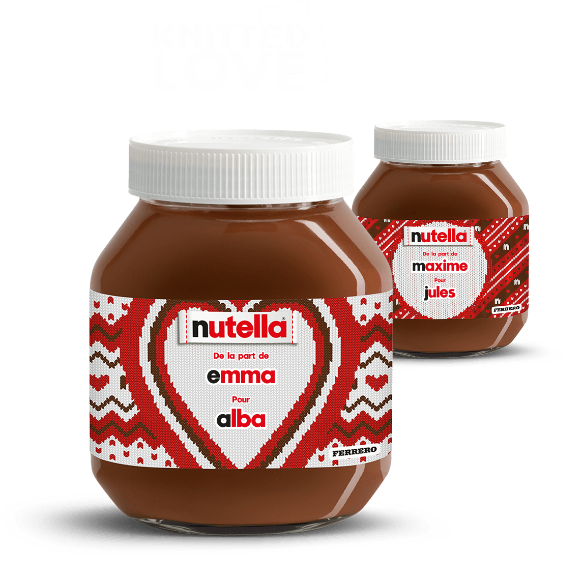 Two Nutella® "knitted" labelled jars  in a diagonal line, receding into the background on a festive red knitted style background.