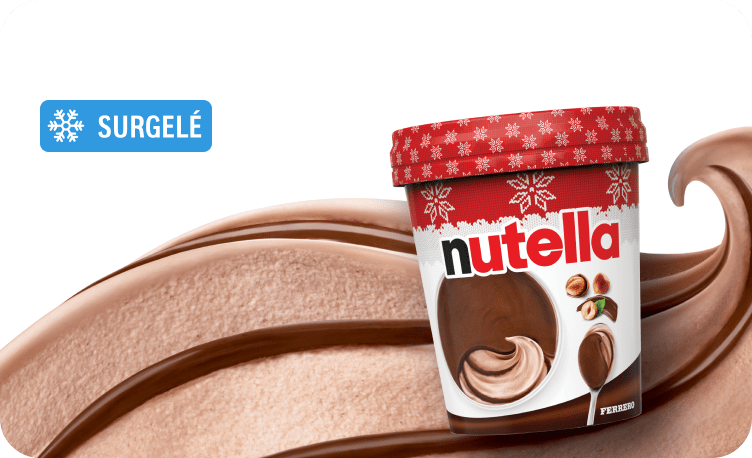 Nutella® Ice Cream Christmas Edition is on a wave of chocolate ice cream. A spoon is lifting out a a portion of ice cream.