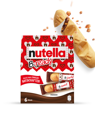 A packet of Nutella® B-ready Christmas Edition on a white background. One B-ready biscuit is shown in the top right corner.