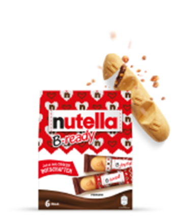 A packet of Nutella® B-ready Christmas Edition on a white background. One B-ready biscuit is shown in the top right corner.