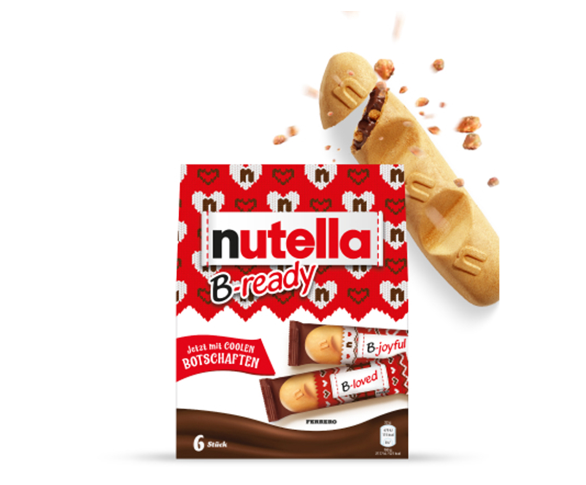 A packet of Nutella® B-ready Christmas Edition on a white background. One B-ready biscuit is shown in the top right corner.