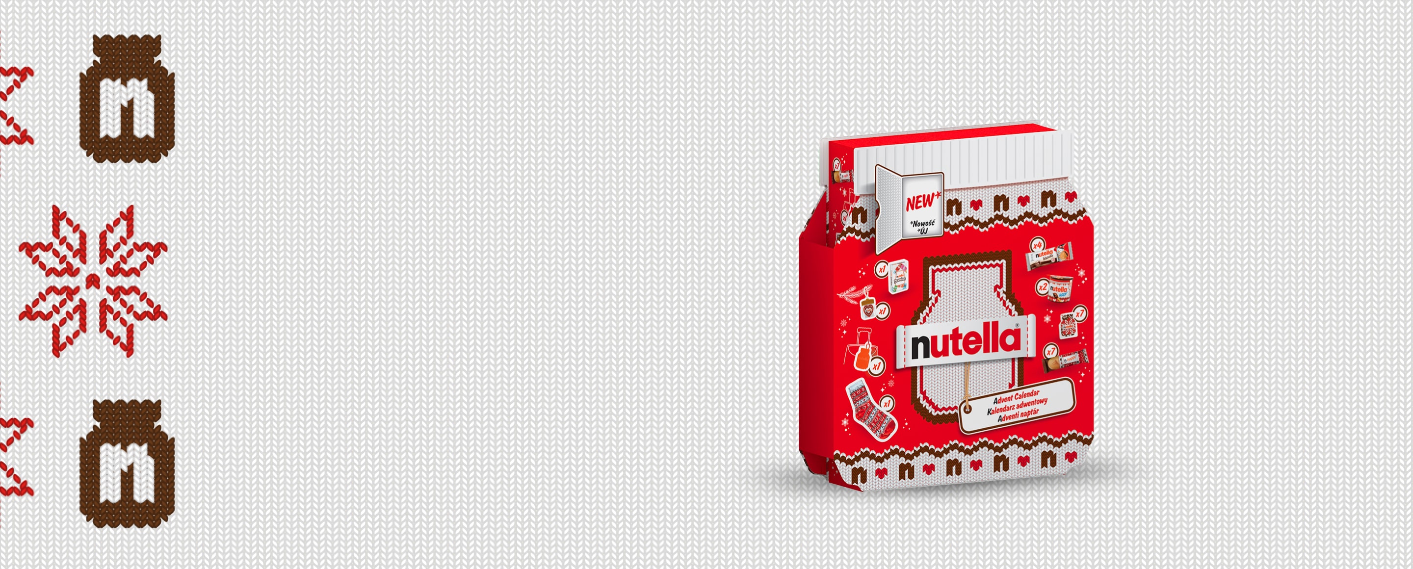 Nutella® Advent Calendar, shaped as a jar of Nutella® with a "knitted" label and the Nutella® logo in the centre of the calendar.