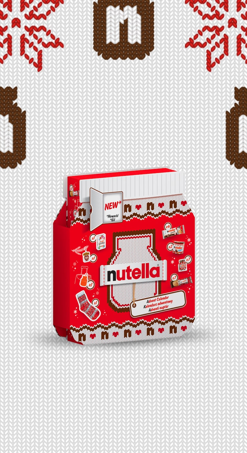 Nutella® Advent Calendar, shaped as a jar of Nutella® with a "knitted" label and the Nutella® logo in the centre of the calendar.