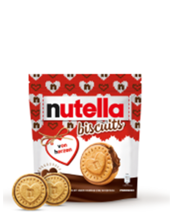 A packet of Nutella® Biscuit Christmas Edition on a white background with two biscuits standing in front of the packet.