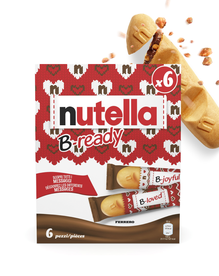 Una confezione di Nutella B-ready Natale su sfondo bianco. Un Nutella B-ready singolo viene mostrato nell'angolo destro superiore.