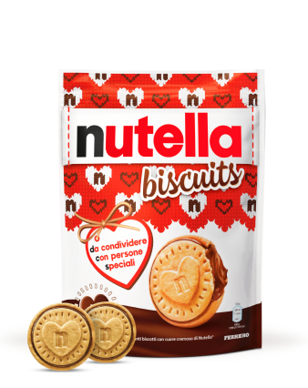 A packet of Nutella® Biscuit Christmas Edition on a white background with two biscuits standing in front of the packet.