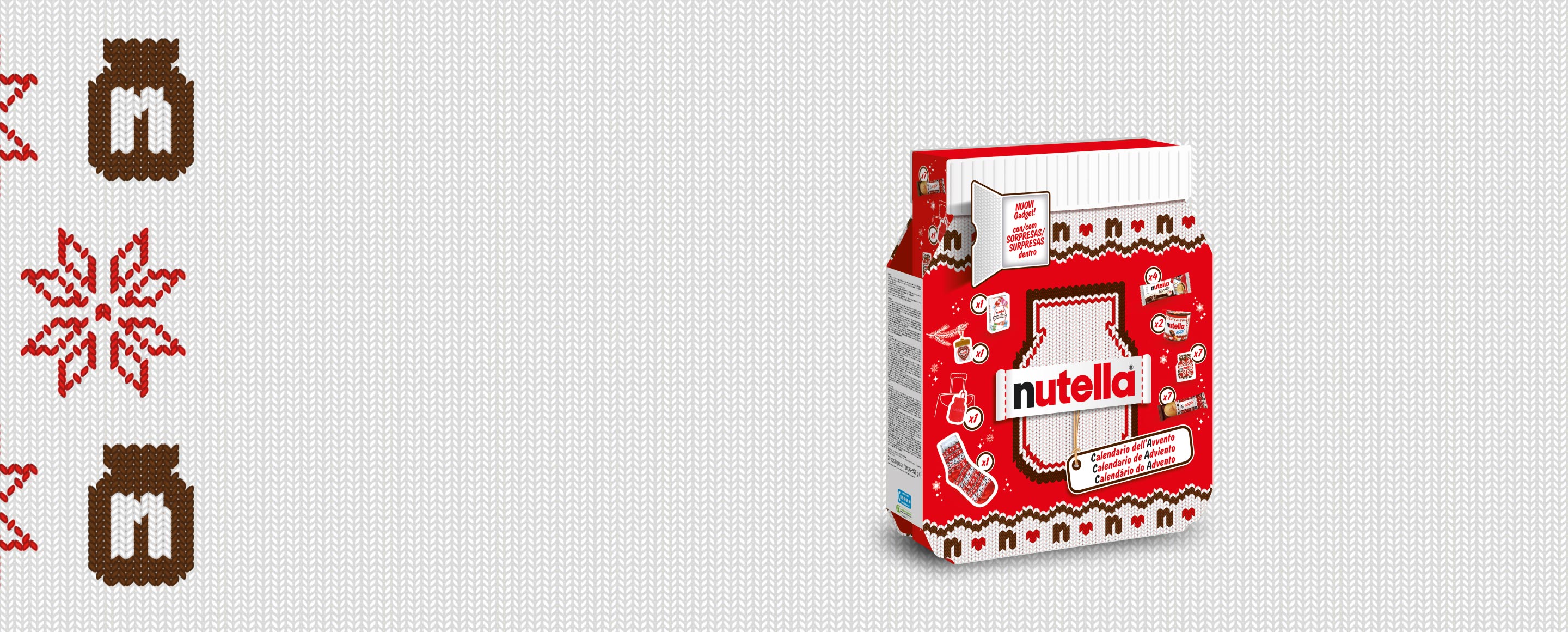 Nutella® Advent Calendar, shaped as a jar of Nutella® with a "knitted" label and the Nutella® logo in the centre of the calendar.