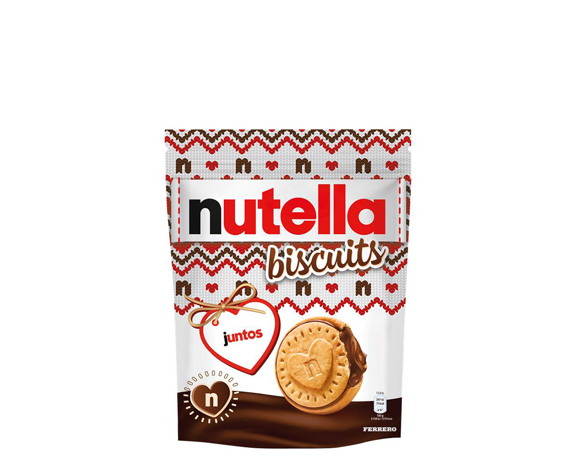 A packet of Nutella® Biscuit Christmas Edition on a white background with two biscuits standing in front of the packet.