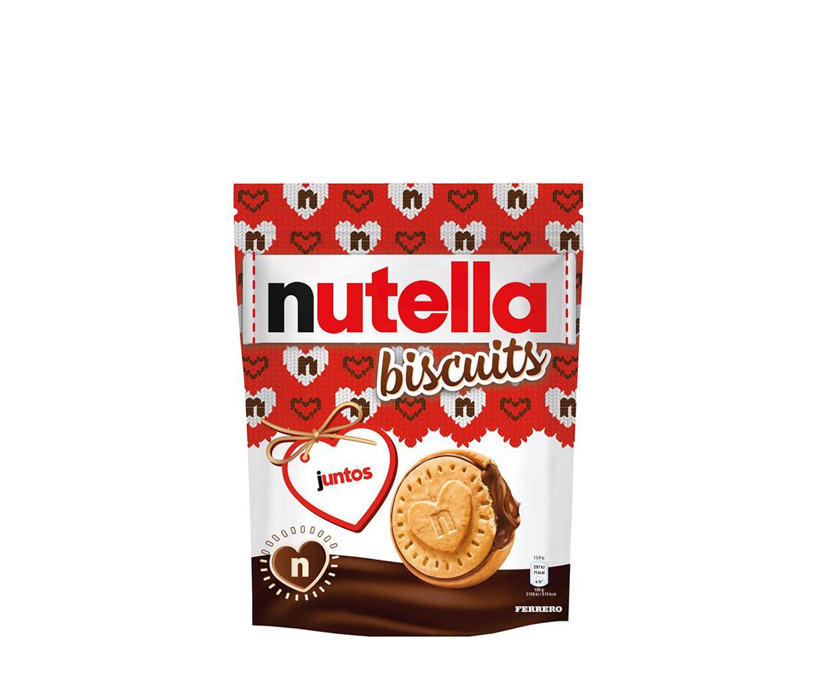 A packet of Nutella® Biscuit Christmas Edition on a white background with two biscuits standing in front of the packet.
