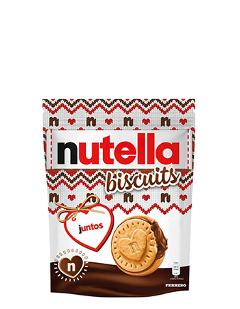 A packet of Nutella® Biscuit Christmas Edition on a white background with two biscuits standing in front of the packet.