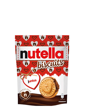 A packet of Nutella® Biscuit Christmas Edition on a white background with two biscuits standing in front of the packet.