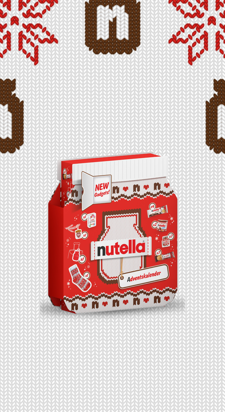 Nutella® Calendar Advent, în formă de borcan Nutella® cu etichetă cu model tricotat și cu logo Nutella® în centrul calendarului.