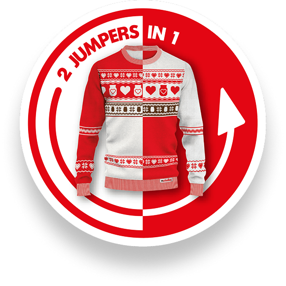 A red and white, reversible, knitted jumper has a Christmas design that features Nutella® jars with love hearts in the centre.