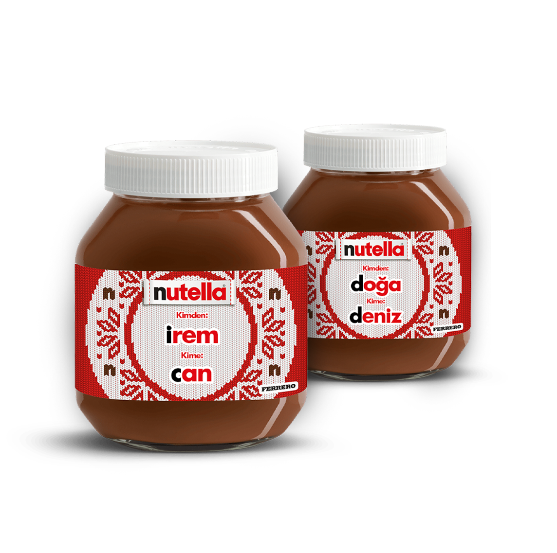 Two Nutella® "knitted" labelled jars  in a diagonal line, receding into the background on a festive red knitted style background.