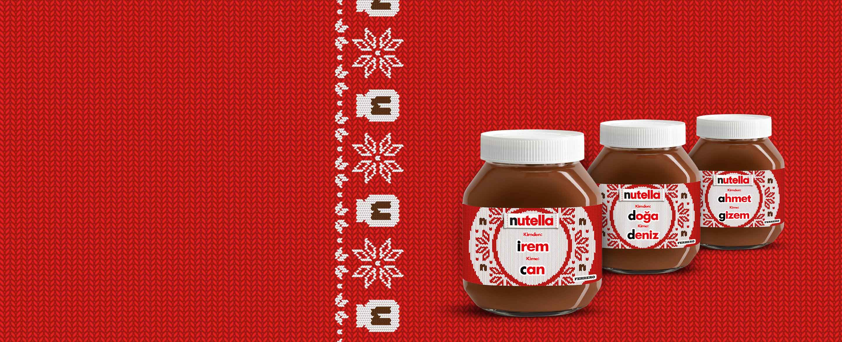 Two Nutella® "knitted" labelled jars  in a diagonal line, receding into the background on a festive red knitted style background.