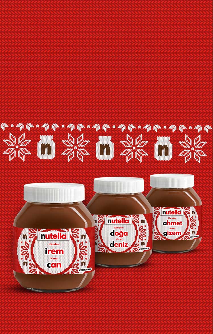 Two Nutella® "knitted" labelled jars  in a diagonal line, receding into the background on a festive red knitted style background.