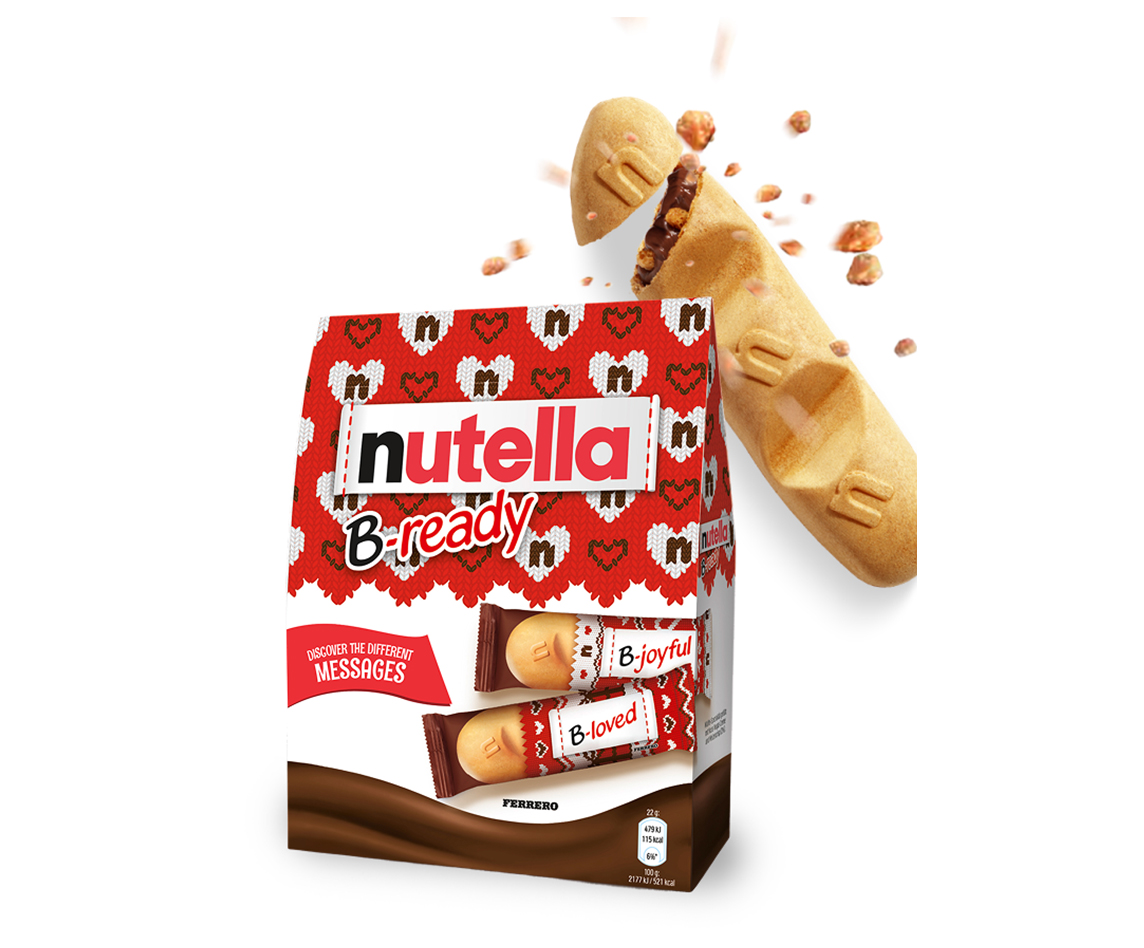 A packet of Nutella® B-ready Christmas Edition on a white background. One B-ready biscuit is shown in the top right corner.
