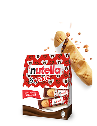 A packet of Nutella® B-ready Christmas Edition on a white background. One B-ready biscuit is shown in the top right corner.