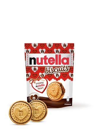 A packet of Nutella® Biscuit Christmas Edition on a white background with two biscuits standing in front of the packet.